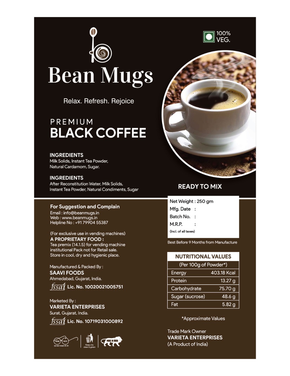 Bean Mugs Black Coffee Powder 500gm