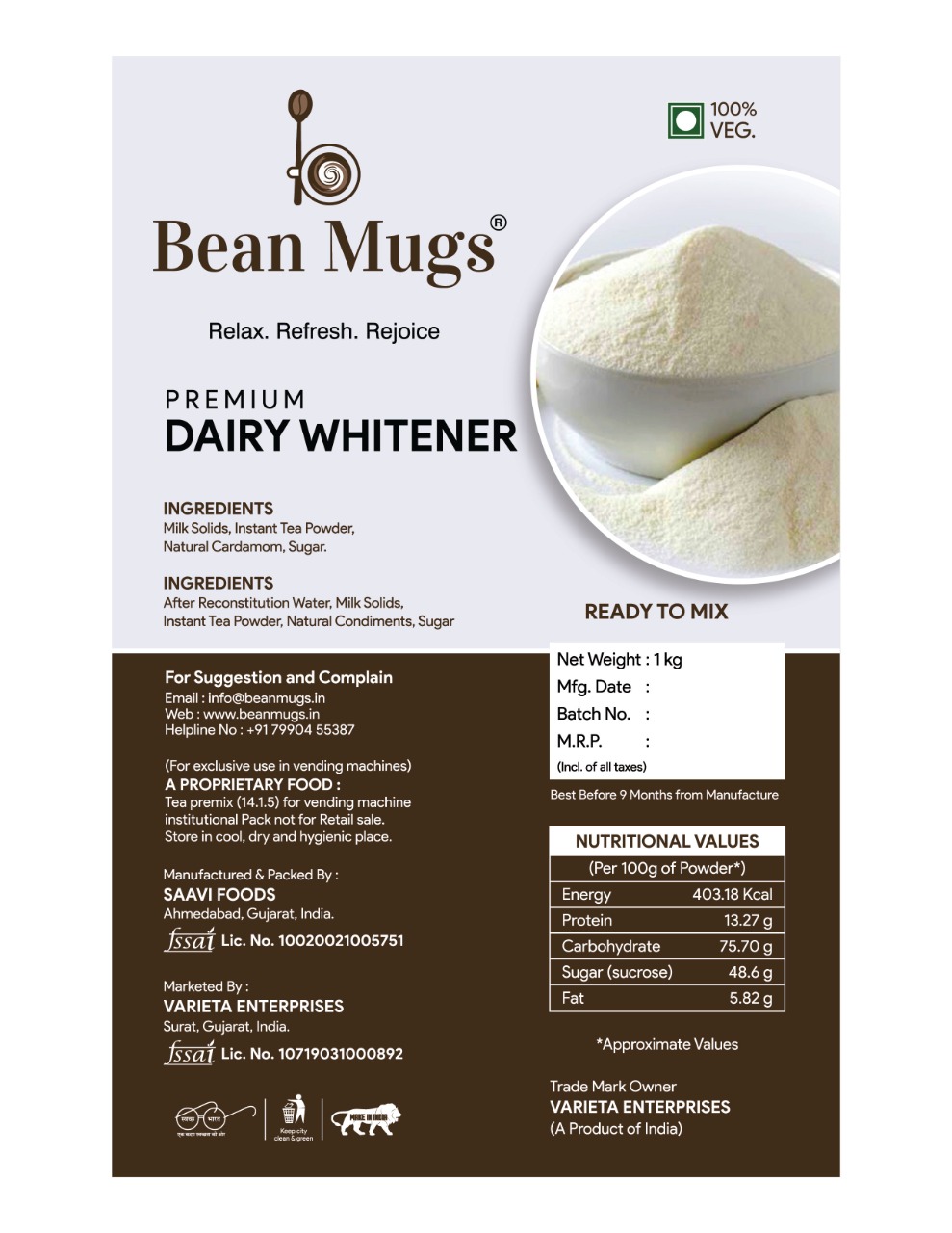 Bean Mugs Premium Dairy Whitener Without Sugar Premix 750gm